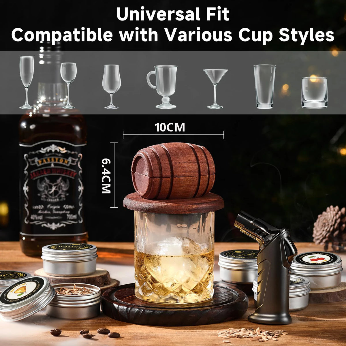 Cocktail Smoker Kit with Apple Cherry Oak Pecan Wood Chips Whiskey Wooden Smoked Wood Hood Smoker for Bar Drinks Kitchen Tools