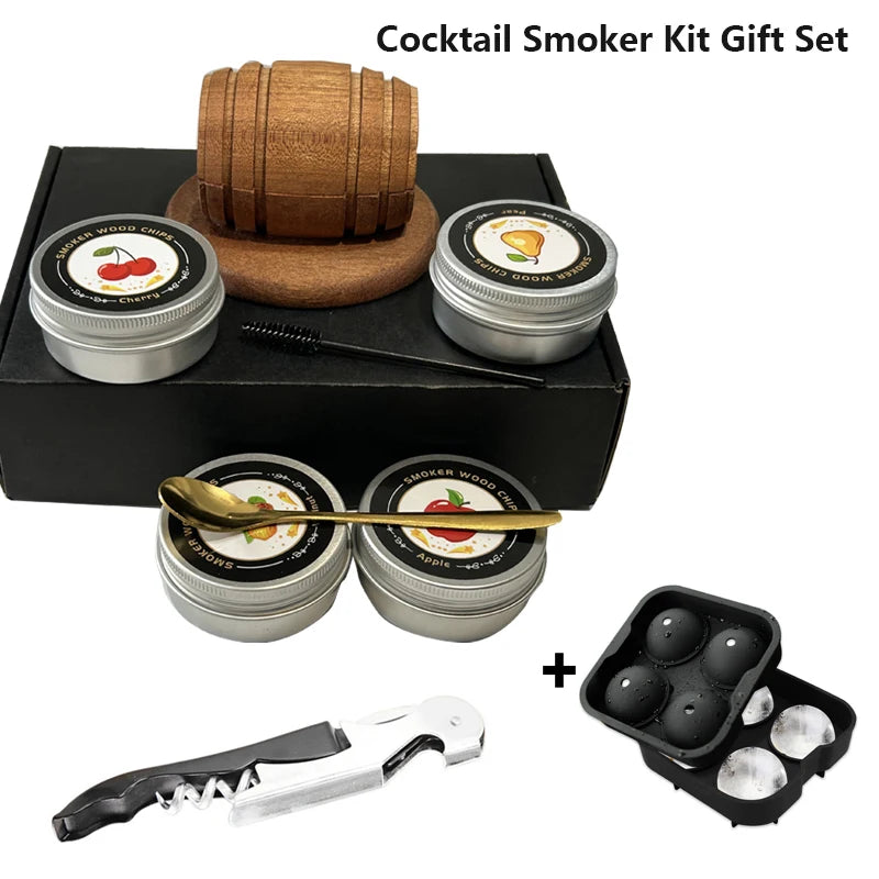 Cocktail Smoker Kit with Apple Cherry Oak Pecan Wood Chips Whiskey Wooden Smoked Wood Hood Smoker for Bar Drinks Kitchen Tools